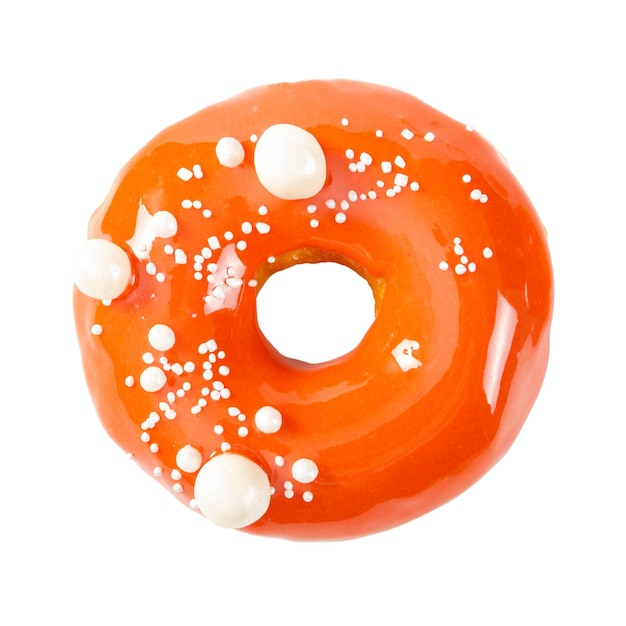 Donut avec glaçage miroir brillant orange isolé sur fond blanc Vue de dessus