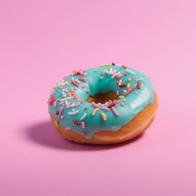 Photo donut avec glaçage rose et éclaboussures sur un fond bleu et rosegenerative ai