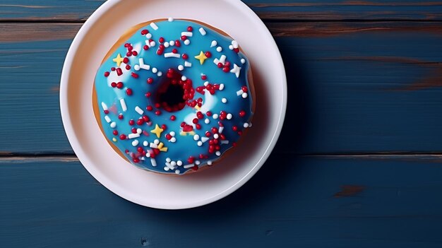 Donut glacé bleu avec des éclaboussures sur une assiette