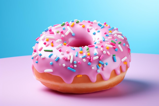 Un donut glacé rose adorable reposant sur une surface bleue ornée d'aspersions et recouverte