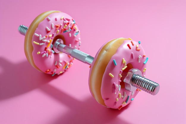 Donut haltère mauvaise nutrition fitness concept créatif pour un mode de vie sain sport et culturisme entraînement au poids et mauvaise alimentation trop de glucides nourriture drôle manger de la malbouffe