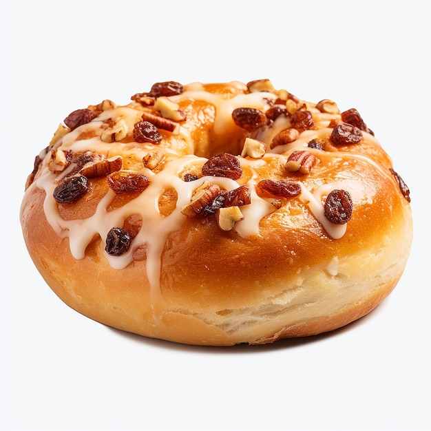 un donut avec des noix dessus est assis sur une table