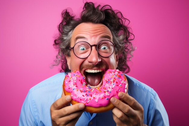 Un donut rose apprécié par une personne avec une tasse de thé à la main