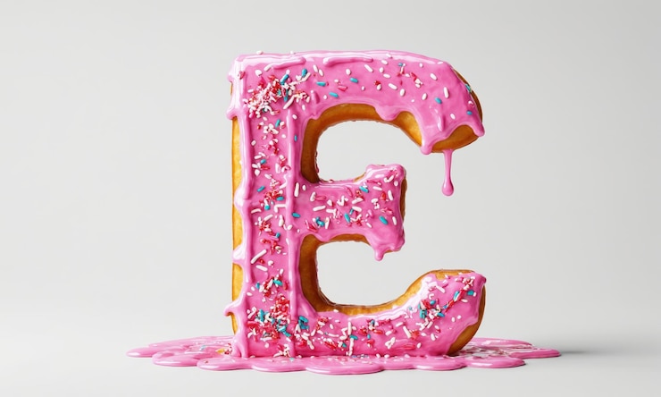 Photo donut rose glacé lettre e avec des éclaboussures