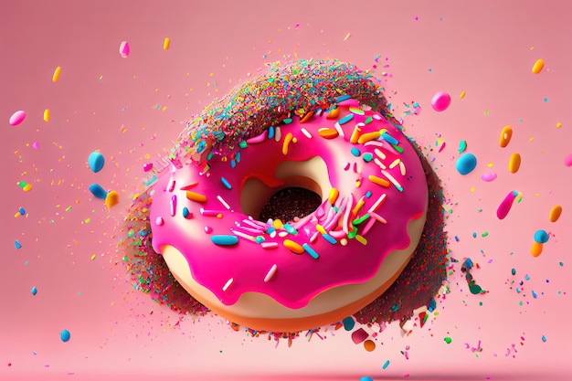 Donut rose volant décoré de pépites colorées Generative Ai