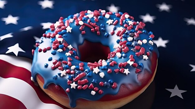 Un donut sucré avec le drapeau américain en arrière-plan