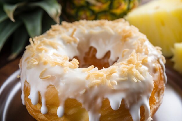 un donut avec un trou au centre et un morceau de fruit en arrière-plan