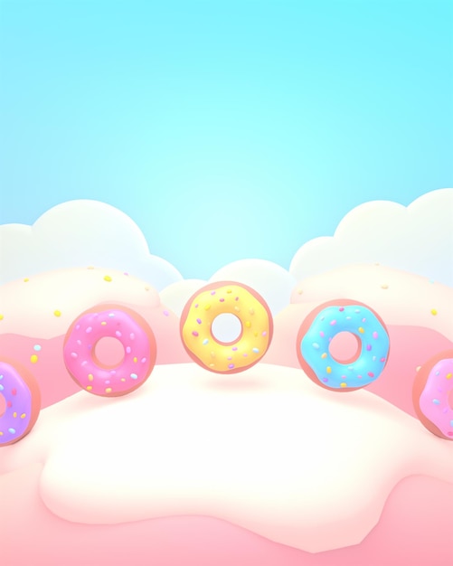 Donuts colorés de dessin animé en rendu 3D sur la douce colline de crème fondante