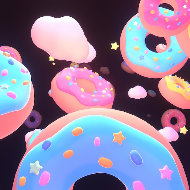 Donuts colorés en rendu 3d dans le ciel nocturne.