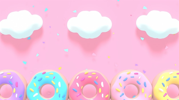 Donuts colorés rendus 3D nuages blancs et confettis sur fond rose