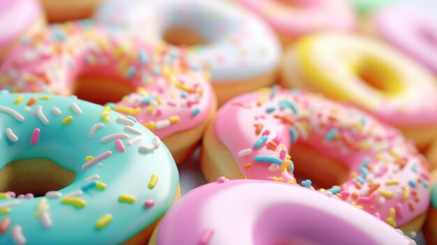Donuts de couleur pastel vif, glacés, variés, sucrés, nourriture amusante, fond de sucre