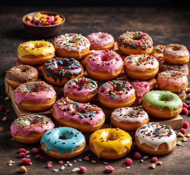 Donuts avec des éclaboussures sur fond de bois rustique mise au point sélective