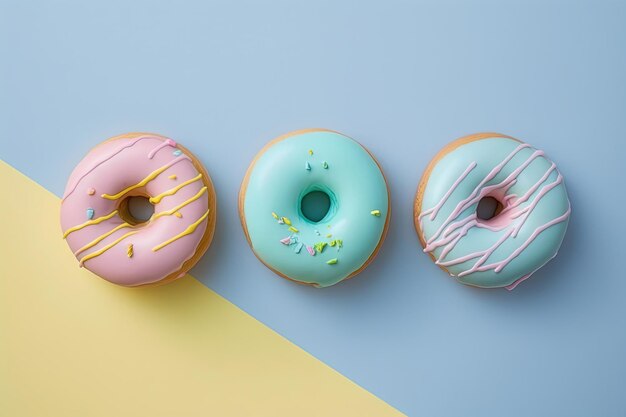 Donuts sur fond coloré Vue de dessus flatlay