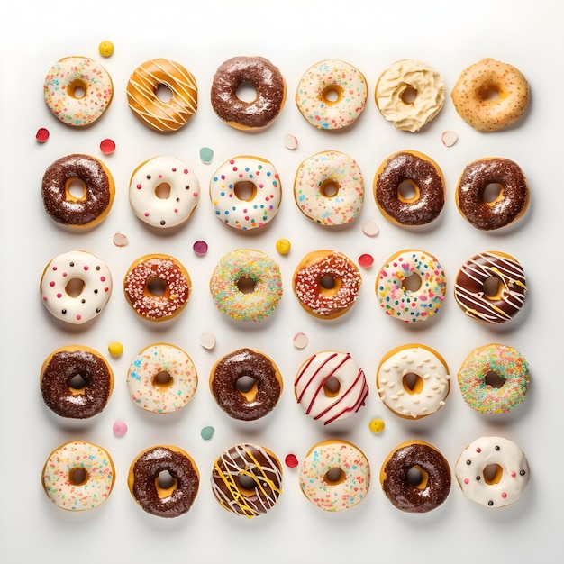 Donuts avec glaçage et pépites sur une vue de dessus de fond blanc