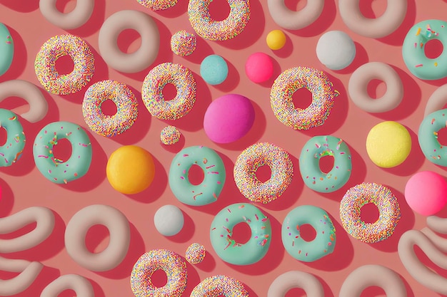 Donuts en rangées de couleurs et de saveurs savoureuses. arrière-plan créatif de bonbons et bonbons, desserts colorés et délicieux