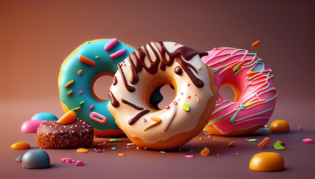 Donuts Style 3D Donuts composition couleurs et formes vibrantes Scène de fond abstraite isolée