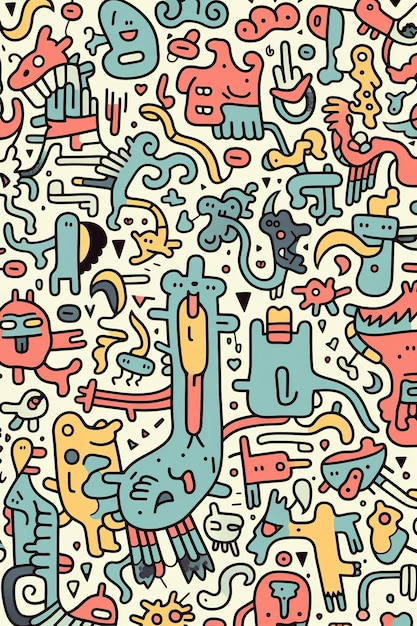 Un doodle coloré de divers animaux et symboles.