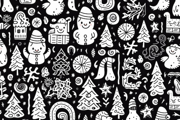 Doodle Delight papier peint pour téléphone de Noël en noir et blanc vectoriel
