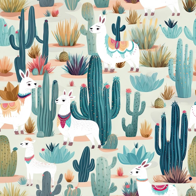 Doodle mignon de lama et de cactus sur le modèle sans couture de fond blanc