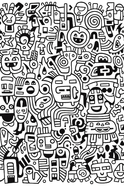 Un doodle noir et blanc de nombreux visages différents.