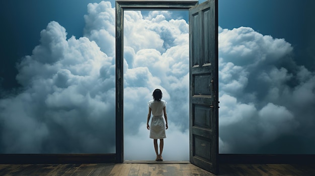 Photo door to sky une femme debout devant une porte ouverte dans les nuages voyage surréaliste dans les nuages