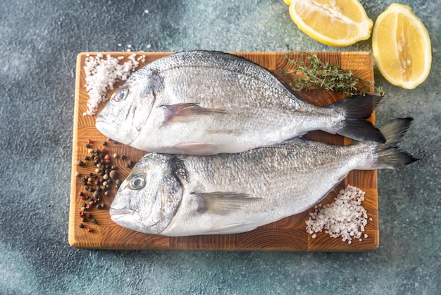 Dorada fraîche sur la planche de bois