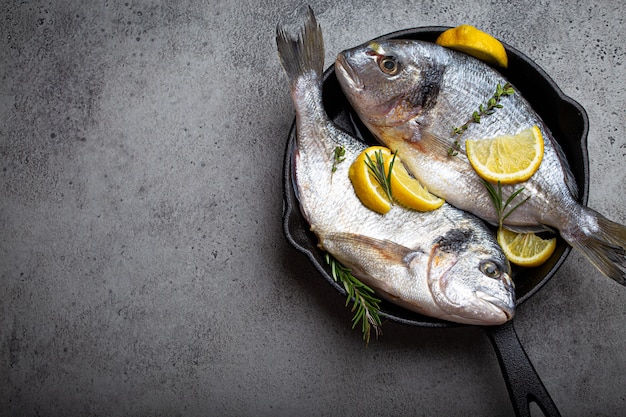 Dorade ou dorade de poisson frais cru au citron, thym, romarin et assaisonnements dans une poêle en fonte pour cuisiner des repas sains ou un régime méditerranéen sur fond de pierre grise rustique au-dessus avec espace de copie