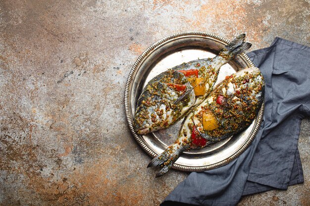 Photo dorado de poisson cru farci de légumes pour une cuisine saine vue de dessus