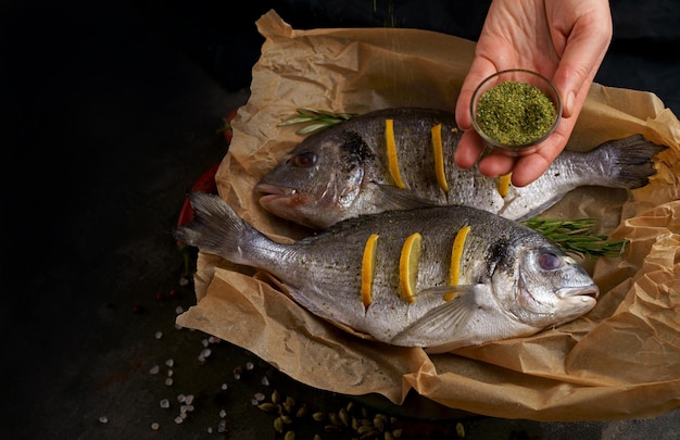 Dorado de poisson cru frais prêt à cuire avec des ingrédients et des assaisonnements comme le romarin, le poivre, le citron vert et l'huile d'olive