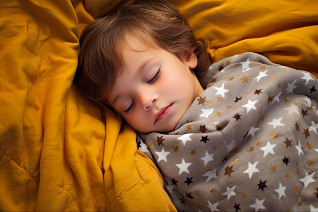 Dormant dans le calme Vue aérienne d'un mignon tout-petit dormant sur un lit avec une couverture Enfance et