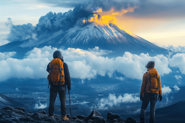 le dos d'un couple de touristes voyageurs regardant le volcan en éruption active fumant dans les montagnes