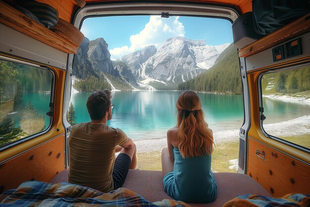 le dos d'un couple de voyageurs de famille touristes assis à l'intérieur d'une camionnette dans la nature sauvage par un lac dans la montagne en été