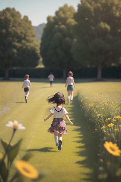 Le dos d'un enfant jouant sur les fleurs sauvages et l'herbe avec de jolies illustrations de papier peint de dessin animé