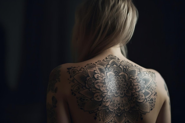 Dos de femme blonde avec des tatouages