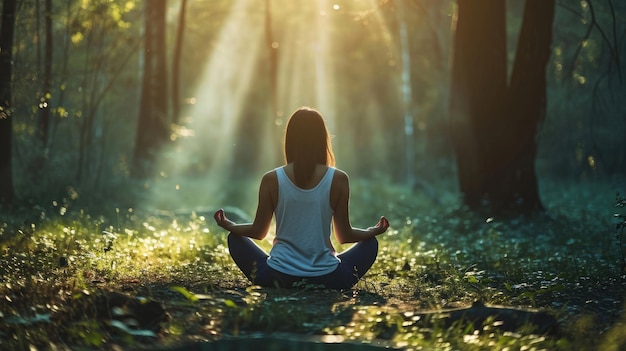 Le dos d'une femme pratiquant relaxamment la méditation et le yoga dans la forêt pour atteindre le bonheur de la paix intérieure, de la sagesse, de la sérénité avec un faisceau de lumière solaire pour un esprit sain, un bien-être et un concept d'âme.