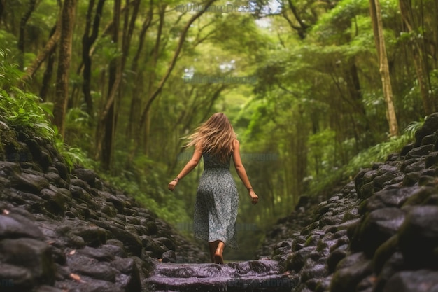 Le dos d'une femme en vêtements d'été regardant les forêts de la jungle et les cascades AI générative