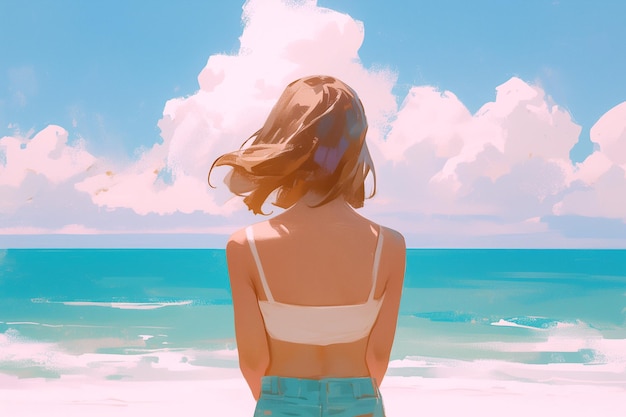 le dos d'une fille en relaxation sur la plage par la mer en été en vacances style dessin animé