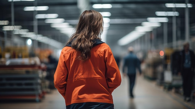 Le dos d'un homme et d'une femme ingénieurs marchant dans un bâtiment d'usine