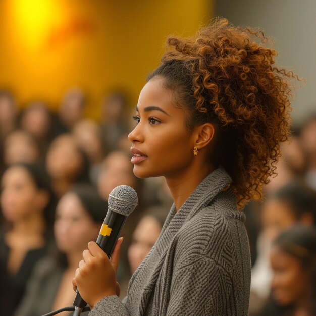 Le dos d'une jeune femme afro-américaine parlant en public