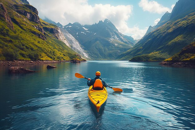 le dos d'un kayakiste en kayak sur le lac avec une scène de montagnes et de forêts