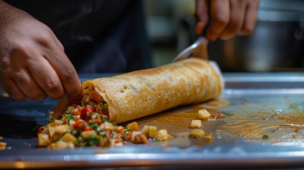 Un dosa enroulé avec des garnitures savoureuses à l'intérieur créant un repas à la main parfait pour le plaisir d'onthego des saveurs indiennes authentiques