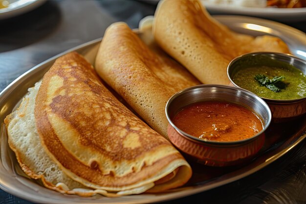 Dosa indien avec du chutney à la noix de coco et du sambar