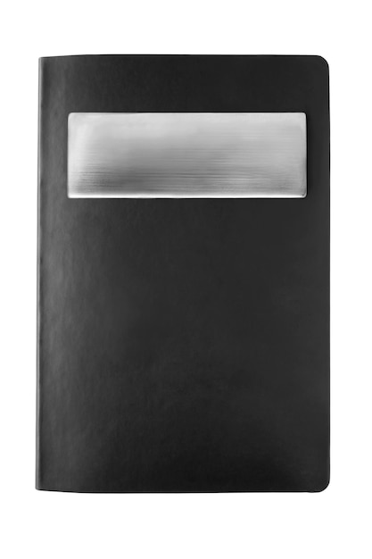 Dossier de documents A4 noir avec plaque signalétique métallique vierge isolée sur fond blanc