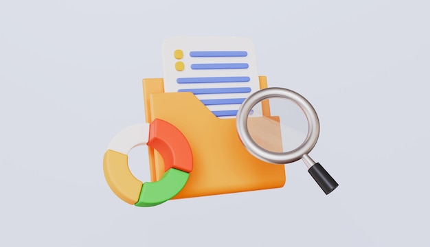Dossier avec loupe et graphique pie analyse des données de stratégie financière et planification commerciale