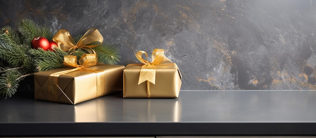 Le dosslash en céramique grise complimente le comptoir en granit moderne avec une boîte cadeau dorée