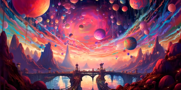 Doté d'un royaume céleste où un éventail de sphères flottantes captivantes dérivent gracieusement au milieu d'une tapisserie de couleurs cosmiques AI générative