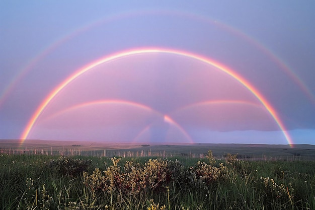 Un double arc-en-ciel sur la prairie symbolisant l'espoir et la bonne fortune à chaque pas de votre j