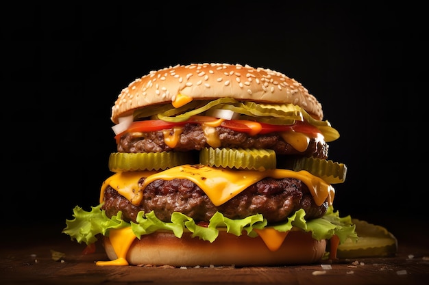 Double cheeseburger empilé avec cornichons et laitue