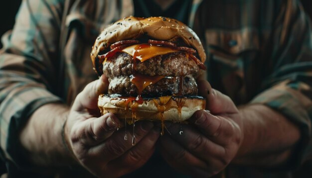 Un double cheeseburger gras et indulgent dans les mains