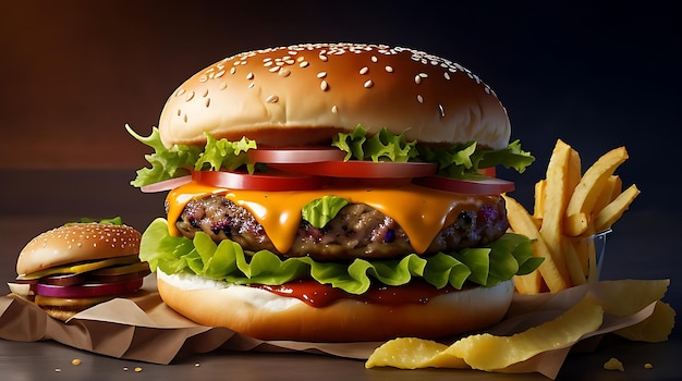 Double Cheeseburger avec légumes grillés feuille de laitue tomate entre petits pains à hamburger sur planche de bois